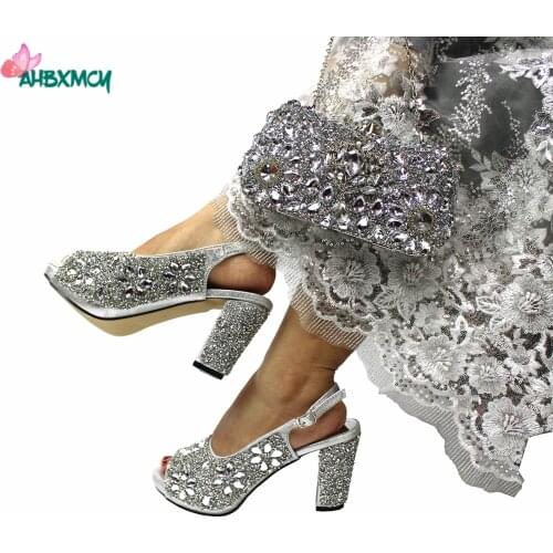 Silver Color Party Shoes with Handbag Decorate with Rhinestone with Platform Sandals for Wedding