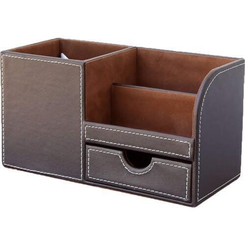 XRHYY Brown 3 Storage Compartments PU Leather Office Desktop Organizer Stationery Box Collection Business Card/Pen/Pencil