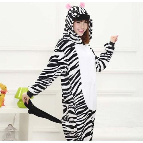 Zebra Roleplay Animal Pjamas for Women Adult Cartoon Hooded Winter One-piece Sleepwear Halloween Cosplay Onesies Costume