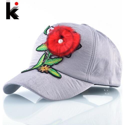 Womens Cap Spring And Autumn Red Fluffy Flower Baseball Caps Female Snapback Hip Hop Hats For Women Embroidery Headdresses Bone