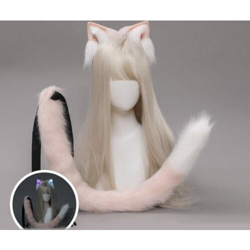 Women Glowing Lolita Plush Hair Ornaments Cat Ears Long Tail Set Hair Accessories Halloween Party Hair Hoop Cosplay Fancy Prop