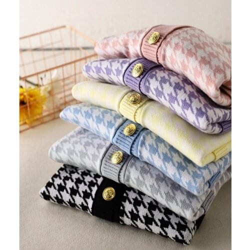 Elegant Houndstooth Knit Cardigan Women Autumn 2021 V-neck Long Sleeve Loose Large Size Top Jacket sweater oversized cardigan