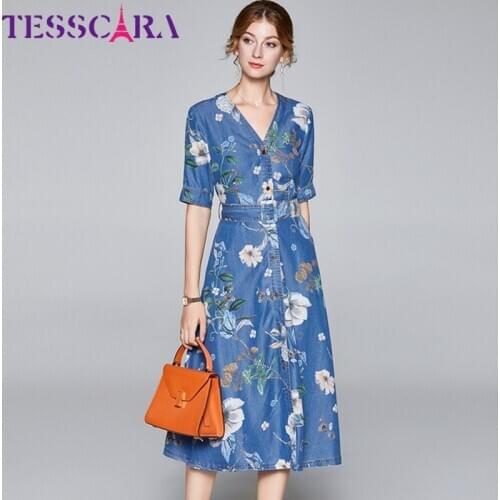 TESSCARA Women Summer Elegant V-neck Denim Dress Festa High Quality Vintage Party Robe Femme Floral Designer Office Vestidos