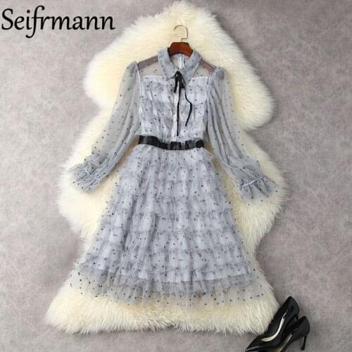 Seifrmann New 2021 Autumn Women Fashion Designer Party Midi Dress Flare Sleeve Bow Dot Print Ruffles Mesh A-Line Dress Vestidos