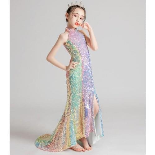 Sexy Gradient Sequins Stitching Catwalk Mermaid Princess Evening Gown Kids Clothes Birthday Party Dress For Girls Vestidos L647