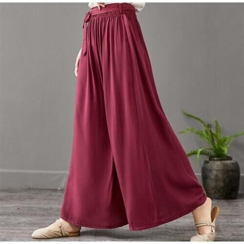 2020 Summer thin wide leg pants Korean full long cotton linen pants with belt plus size skirts pants 5XL 6XL 7XL black wine blue