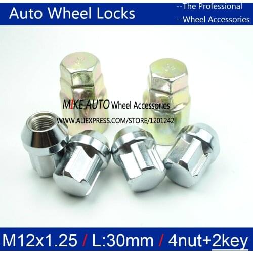 4nut + 2key M12x1.25 30mm Wheel Lock Nuts Anti theft Security Key Nut, Wholesale Enhanced Groove Style Car Alloy Nuts Silver