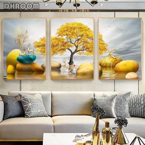 Abstract Painting Golden Tree Elk Landscape Canvas Poster Print Modern Wall Art Light Luxury Living Room Decoration Picture