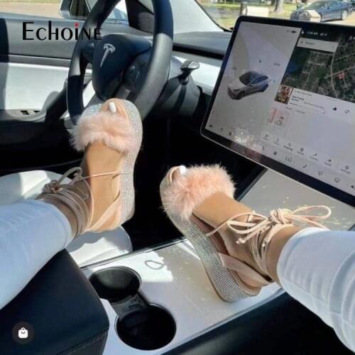 Echoine Summer Rhinestone Color Fluff Women Shoes One Word Strap High Gang Thick bottom Paltform Bandage Female Sandals