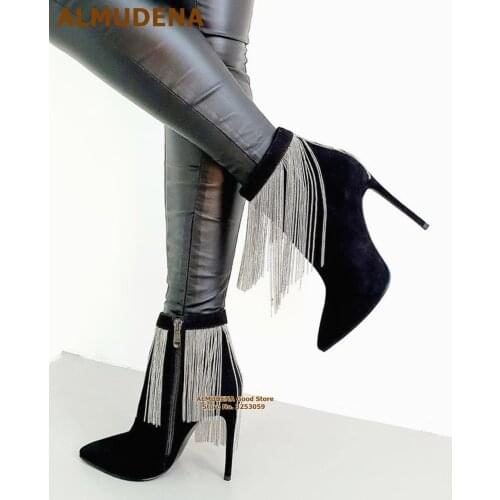 ALMUDENA Black Suede Metal Chain Fringe Ankle Boots Stiletto Heels Pointed Toe Tassel Short Booties Luxury Banquet Dress Shoes