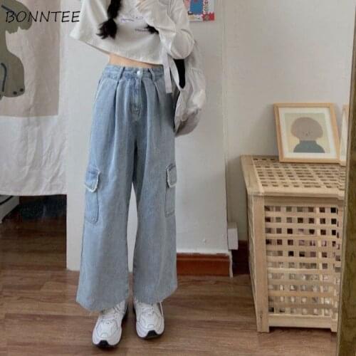 Jeans Women Fashion Loose Casual Preppy Style High Waist Wide Leg Trousers Big Pocket Female Clothes Blue Denim All-match Chic