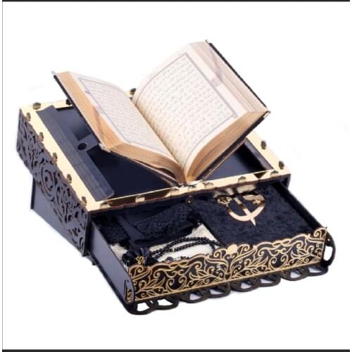 Islamic Quran, Prayer Rug, Tesbih and Shawl Set With Artisanal Wooden Crafted Box