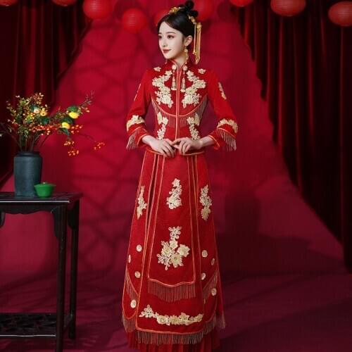 Embroidery Flowers Chinese Wedding Dress Bride Traditional Banquet Costume Classic Cheongsam China Qipao костюм для восточных