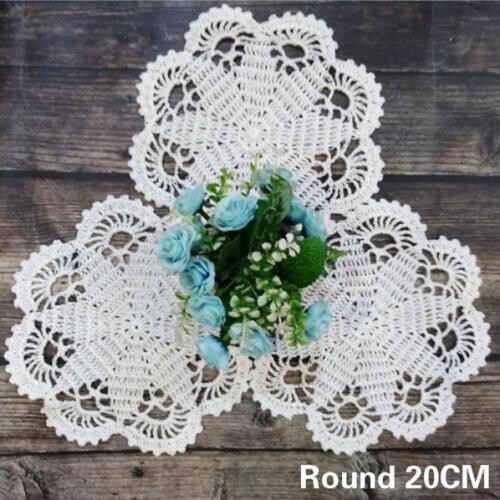 20CM Round Modern White Lace Wedding Doily Cotton Handmade Crochet Lace Placemat Table Cloth Place Mat Mug Cup Coaster Pad Decor