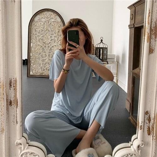 Summer Pajamas Set Women Comfortable Soild Color Pajamas Short Sleeve Tops Trousers Ladies Pj Suit Homewear Loose Sleepwear