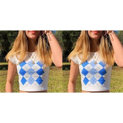Hot Kf-Womens Diamond Check Printed T-Shirt Womens Short Tops White