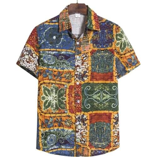 2021 Summer Ethnic Shirt For Men Vintage Casual Short Sleeve Print Shirt Blouse Vestidos Dress Shirts camisa holgada hombre