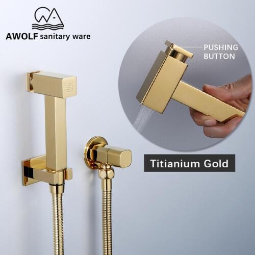 Douche Kit Toilet Shattaf Hand Held Bidet Sprayer Solid Brass Titianium Gold Square Shower Set With Pushing Button AP2200