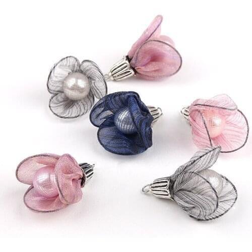 New design 30pcs/lot pearls core decoration colorful flowers shape handmade organza florals diy jewelry earring/keychain pendant
