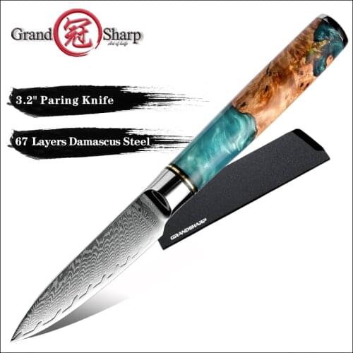 Grandsharp 3.2'' Paring Knife Damascus Steel Kitchen Knife Fruit Peeler Knives Slicing Vegetable Knife Resin Wood Handle Gift