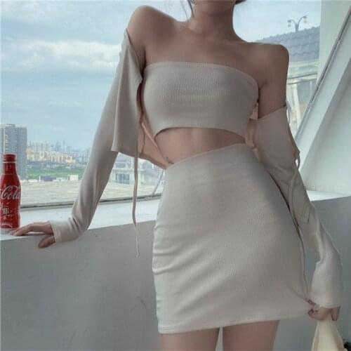 Sexy Cherrykeke Short Skirt Suit Tube Jacket 3 Pieces Female Sets Spring Autumn New Style Fashion Knit Suit Slim Tight Dress