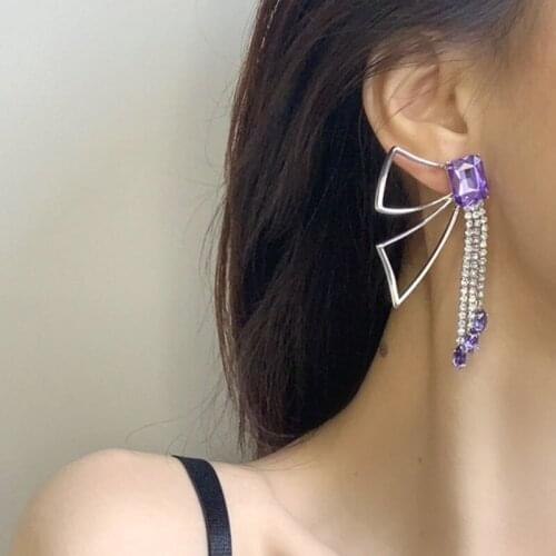 Luxury Crystal Butterfly Rhinestone Long Tassel Earrings for Women Clip Earrings Without Piercing Clip on Earrings No Pierced