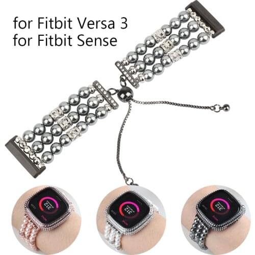Luxury Bracelet for Fitbit Versa 3 / Fitbit Sense Band Fashion Pearl Beaded Wristband Strap for Fitbit Versa 3/Sense Smartwatch