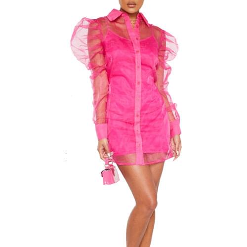 Sexy See Through Shirt Dress Two Piece Outfits Pink Long Puff Sleeve Organza Cardigan Dress Spaghetti Sets for Party Birthday