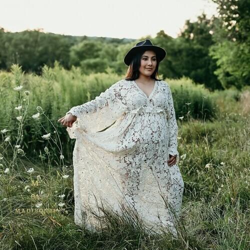 Photo Boho Dress Vintage Beige Cotton Embroidery Maternity Gown Long Sleeve Pregnant Dress for Photography Prop Baby Shower Gift