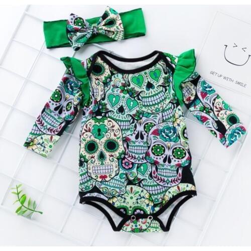 Vintage Baby Halloween pink green purple coco candy sugar skull Ruffle Girls Romper Outfit