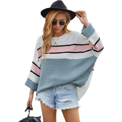 Round neck autumn/ winter loose large size striped sweater womens matching patchwork splicing roll sleeve sweater white jumper