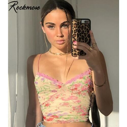 Rockmore Deep V Neck Sleeveless Top Womens Y2k Floral Print Sexy Tops For Women Clubwear Skinny Camis Crop Tank Spaghetti Strap