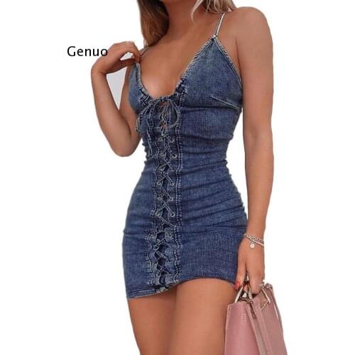 Womens Dress Sexy Deep V Neck Sleeveless Club Party Denim Women Sexy Adjustable Spaghetti Straps Bandage Bodycon Denim Dress