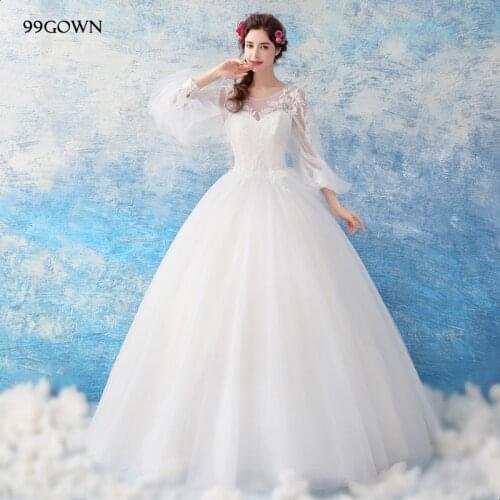 99GOWN 2019 Simple Wedding Dresses For Wedding Ceremony Long Lantern Sleeve A-Line Bridal Backless Lace Tulle Ball Gown