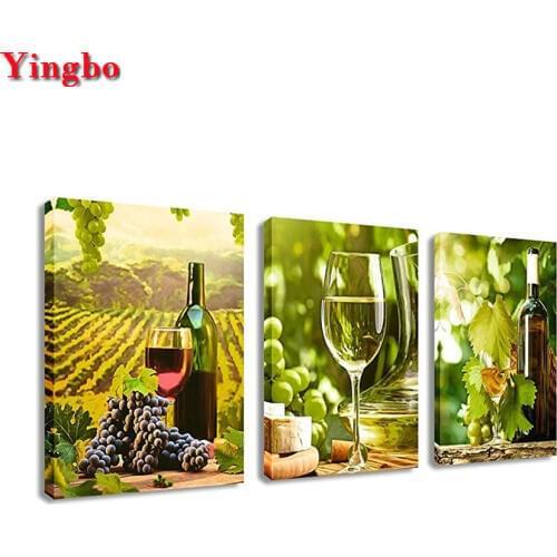 DIY Diamond Painting 3 Panels Still life wine Diamond Embroidery sale Mosaic Pictures of Rhinestones restaurant decoration art