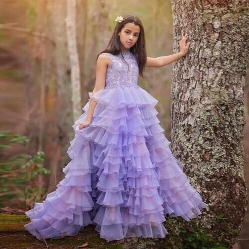 Lavender Tiered Purple Princess Girls Ball Gowns Photography Birthday Celebration Gowns Puffy Flower Girls Lavender Dress Custom