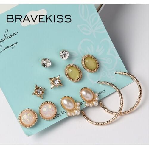 BRAVEKISS Luxury Small Pearl 6 Pairs Earring Set Star CZ Retro Stud Earrings Fashion Jewelry for Women accessories New BPE1512