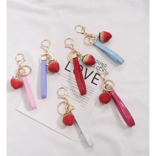 Cute Sweet Stawberry Pompoms Cartoon Keychain For Women Trinket Waistband Key Chains Ring Car Bag Pendent Charm Child Toys D295