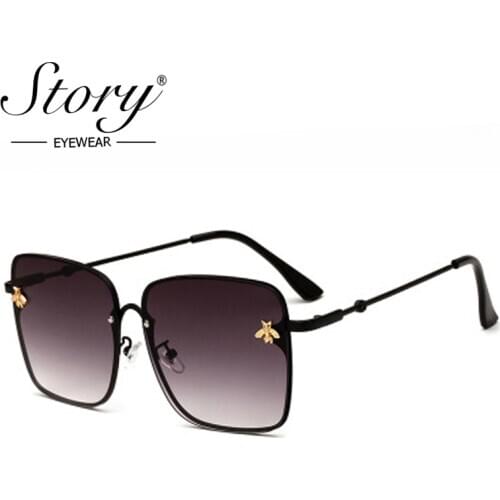 STORY 2018 Big Oversized Round Sunglasses Women Men Metal Frame Bee Decorative Film Gradient Lens Sun Glasses Female UV400