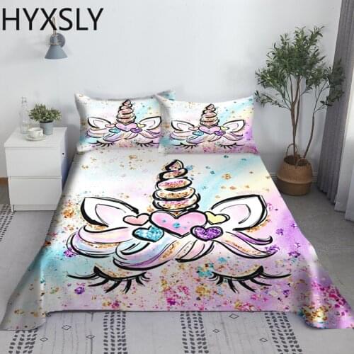 Cartoon Unicorn Bed Sheet Set Cute 3D Printed Polyester Bed Flat Sheet With Pillowcase Home Textile Spring Summer Kids Bedspred
