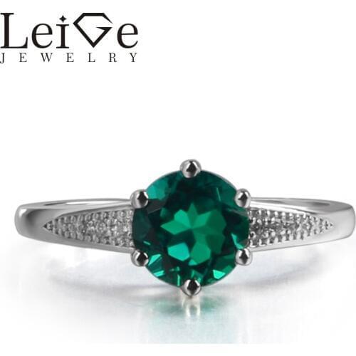 Leige Jewelry Lab Emerald Green Color Gemstone May Birthstone Prong Setting Round Cut Classic Rings For Woman 925 Silver