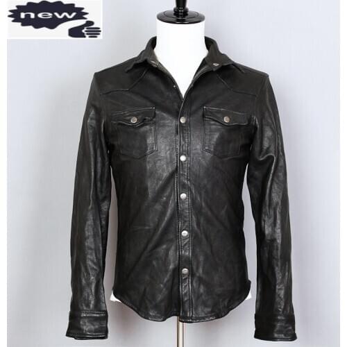 2021 Fashion Fold Sheepskin Genuine Shirt Men Real Leather Jacket Mens Thin Slim Fit Black Casual Coat