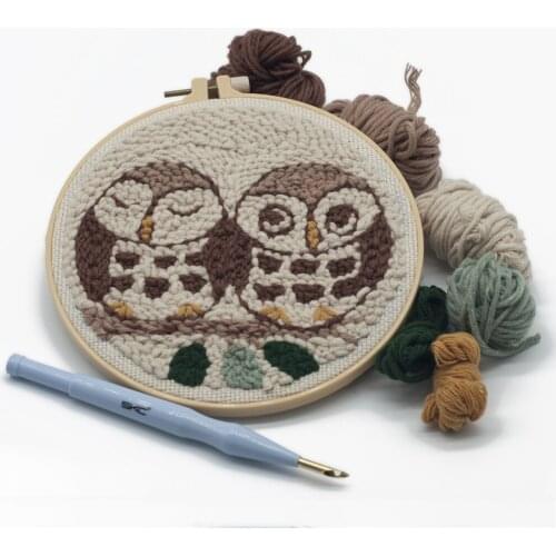 Cute Animal Owl Punch Kits Soft Yarn Beginners Pre-printed Embroidery Set