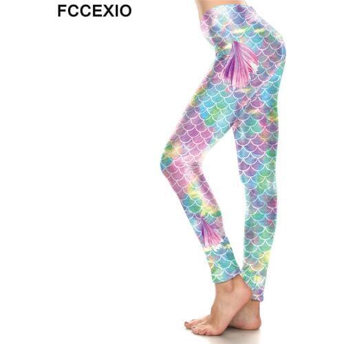 FCCEXIO 2019 New Womens Ombre Pink Shiny Mermaid Wings Leggings Fish Scale Printed Legging Stretch Fitness Legins Mermaid Pants