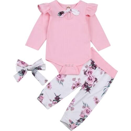 2020 Autumn 3-24M Toddler Baby Girl 3Pcs Set Ruffled Bow Pink Long Sleeve Bodysuit+Rose Floral Print Pants+Headband