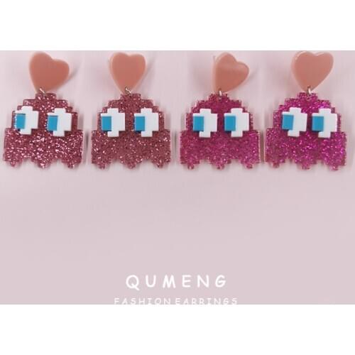 QUMENG 2021 New Korean Fashion Bright Pink Heart-shaped Cartoon Imp Ghost Cute Girl Drop Earrings Sweet Valentines Day Gift