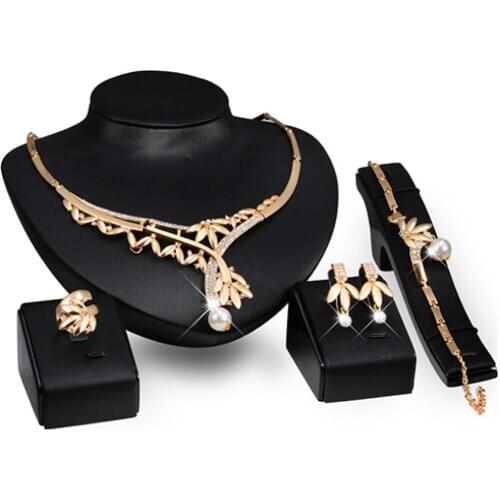 Wedding Party Leaf Faux Pearl Pendant Choker Necklace Ring Earrings Bracelet Set