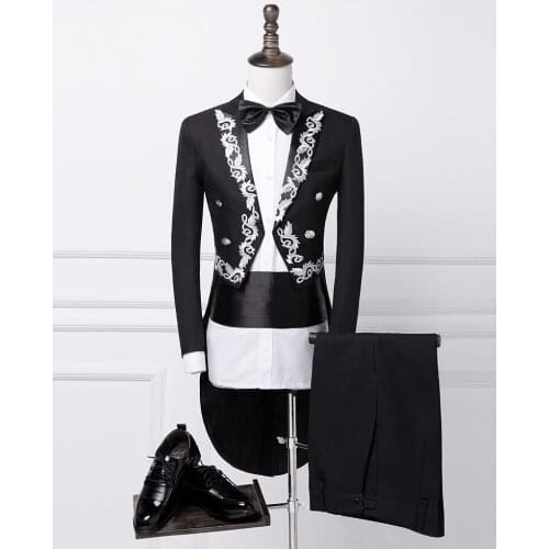 TPSAADE New Male Gold Silver Embroidery Lapel Tail Coat Stage Singer Groom Black White Wedding Tuxedos For Men Costume Homme