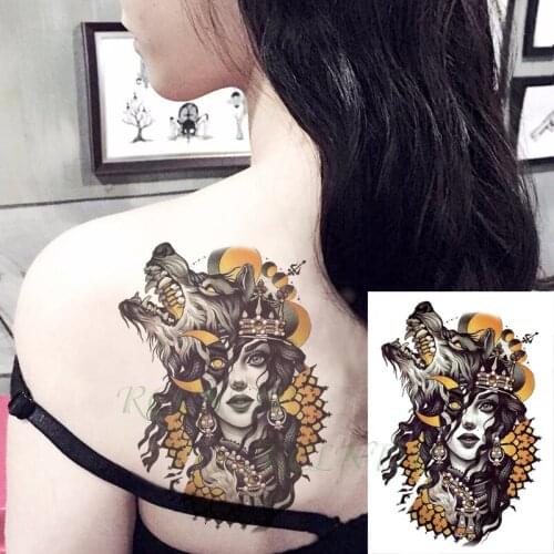 Waterproof Temporary Tattoo Sticker Roaring Wolf Moon Sexy Long Hair Girl Totem Fake Tatto Flash Tatoo for Men Women