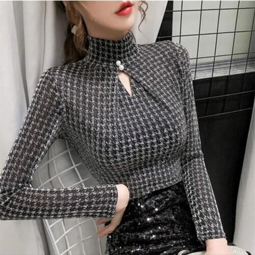 Bright Silk High Neck StretchT-shirtWomens Bottoming Shirt Hollow out Beading Tees Spring Autumn Sexy Soft Tops Female Tshirt